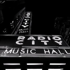 black and white photo of radio city music hall in New York City