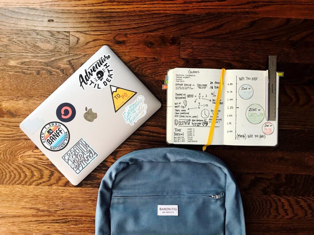 desk with laptop, book bag and notebook