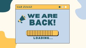 "We are back!" with loading bar graphic.