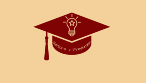 graduation hat with lightbulb, saying "seniors to freshmen"