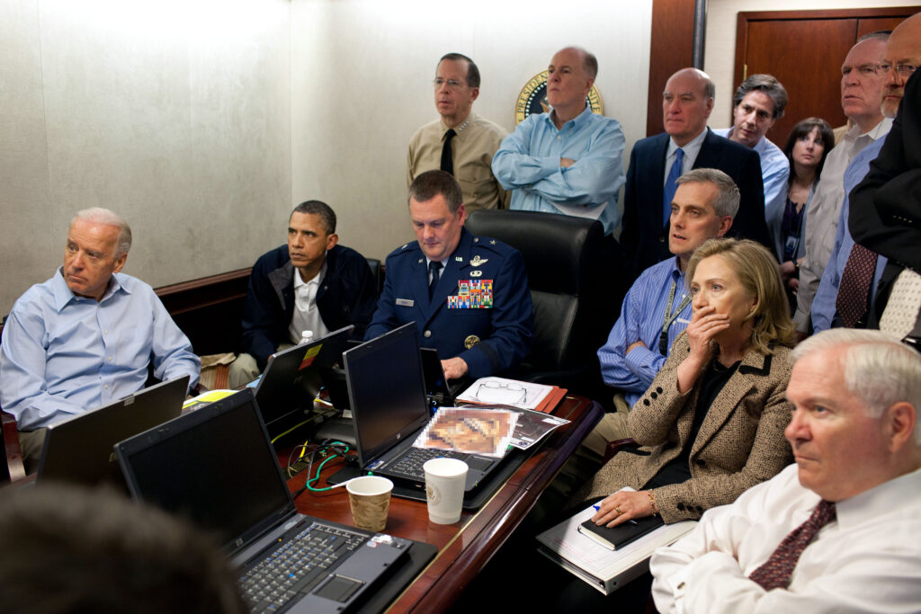 President Barack Obama and Vice President Joe Biden, along with with members of the national security team, receive an update on the mission against Osama bin Laden in the Situation Room of the White House, May 1, 2011. (Official White House Photo by Pete Souza)